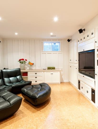 Home theater space with built-in storage in a basement